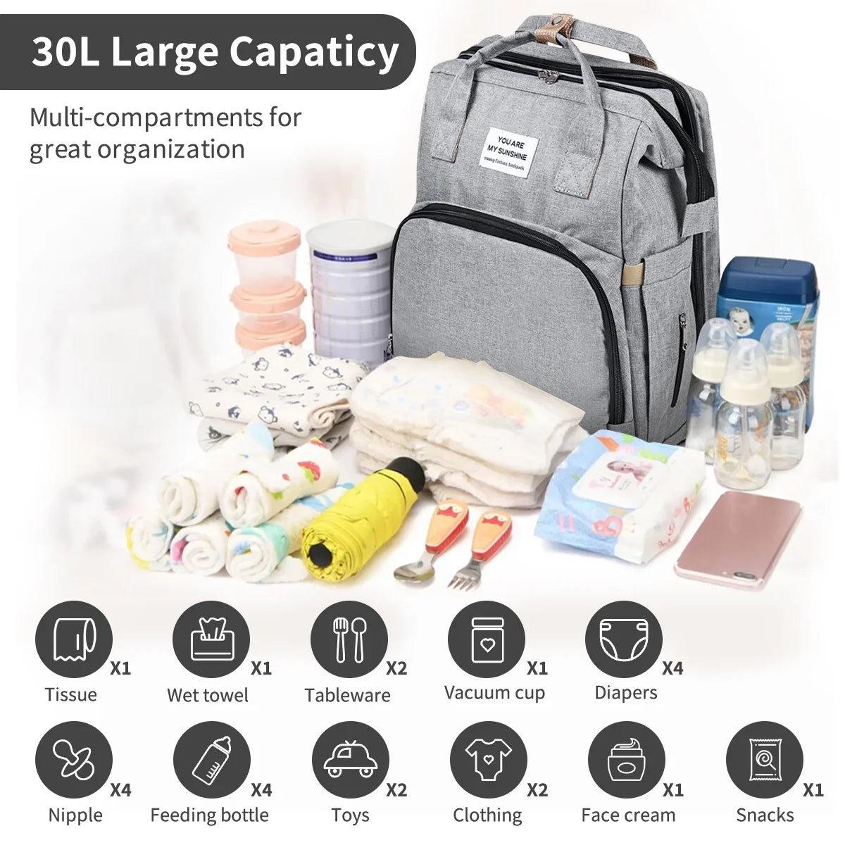Diaper Bag Backpack, Multifunction 3 in 1 Waterproof Travel Back Pack, Baby Changing Bags with Changing Pad, Stroller Straps, Unisex, Grey