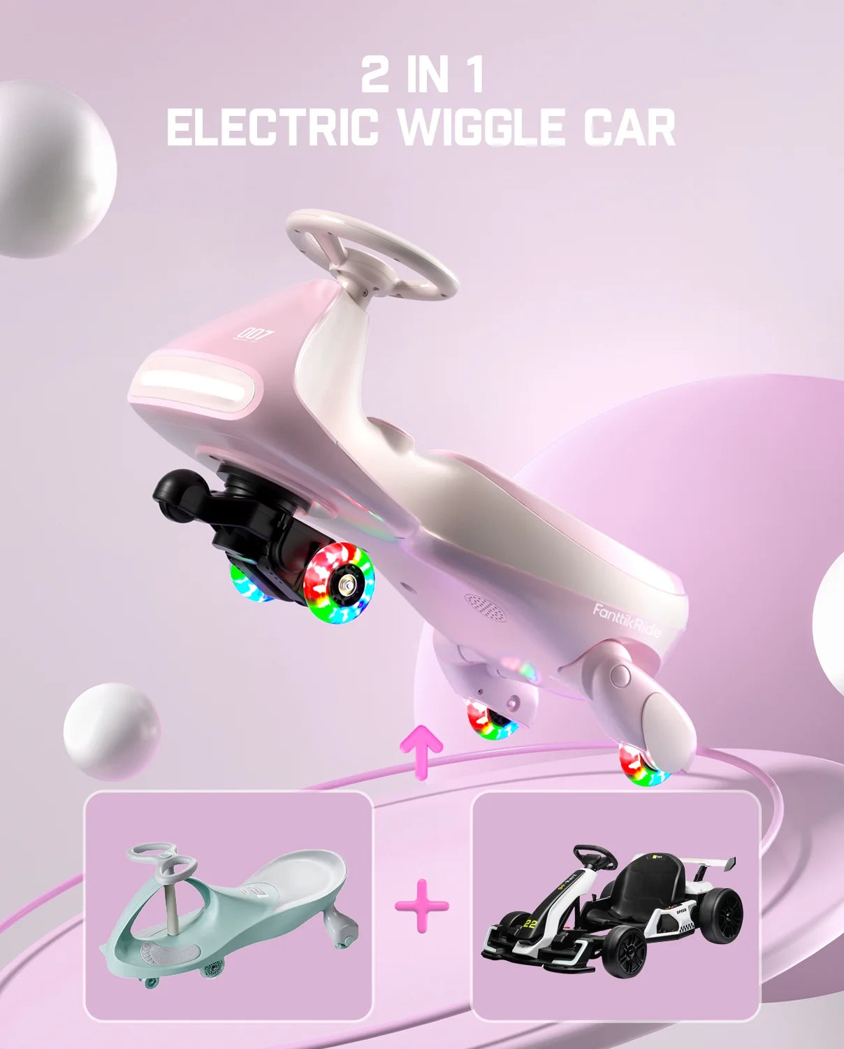12V Electric Wiggle Car with Pedal, 2-In-1 Kids Ride-On Toy, Rechargeable Battery, 2-Speed, Anti-Rollover, Flashing Wheels, Bluetooth Music, for Ages 3+, 150 Lbs, Pinkish White