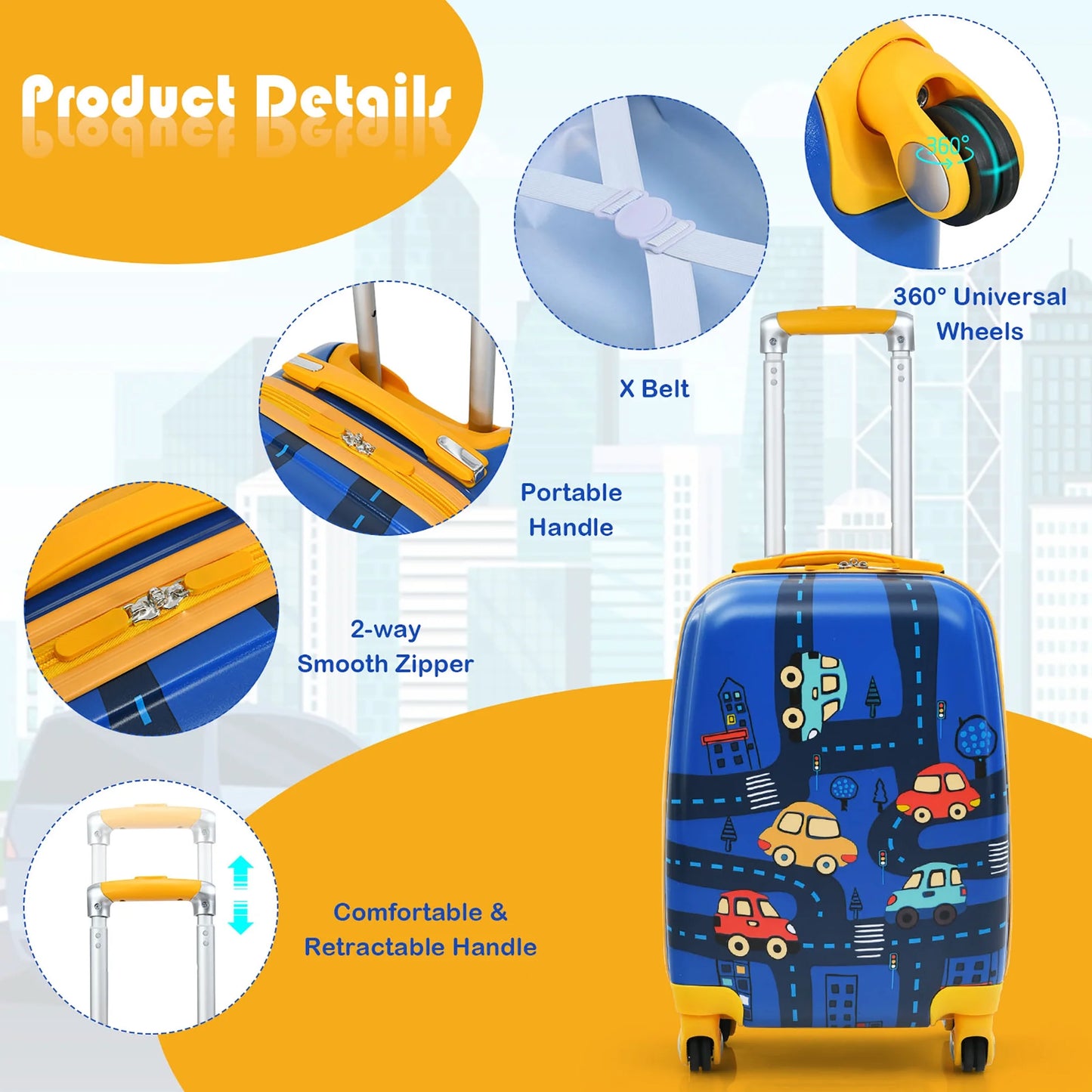 2PC Kids Carry on Luggage Set 12'' Backpack & 18'' Rolling Suitcase for Travel