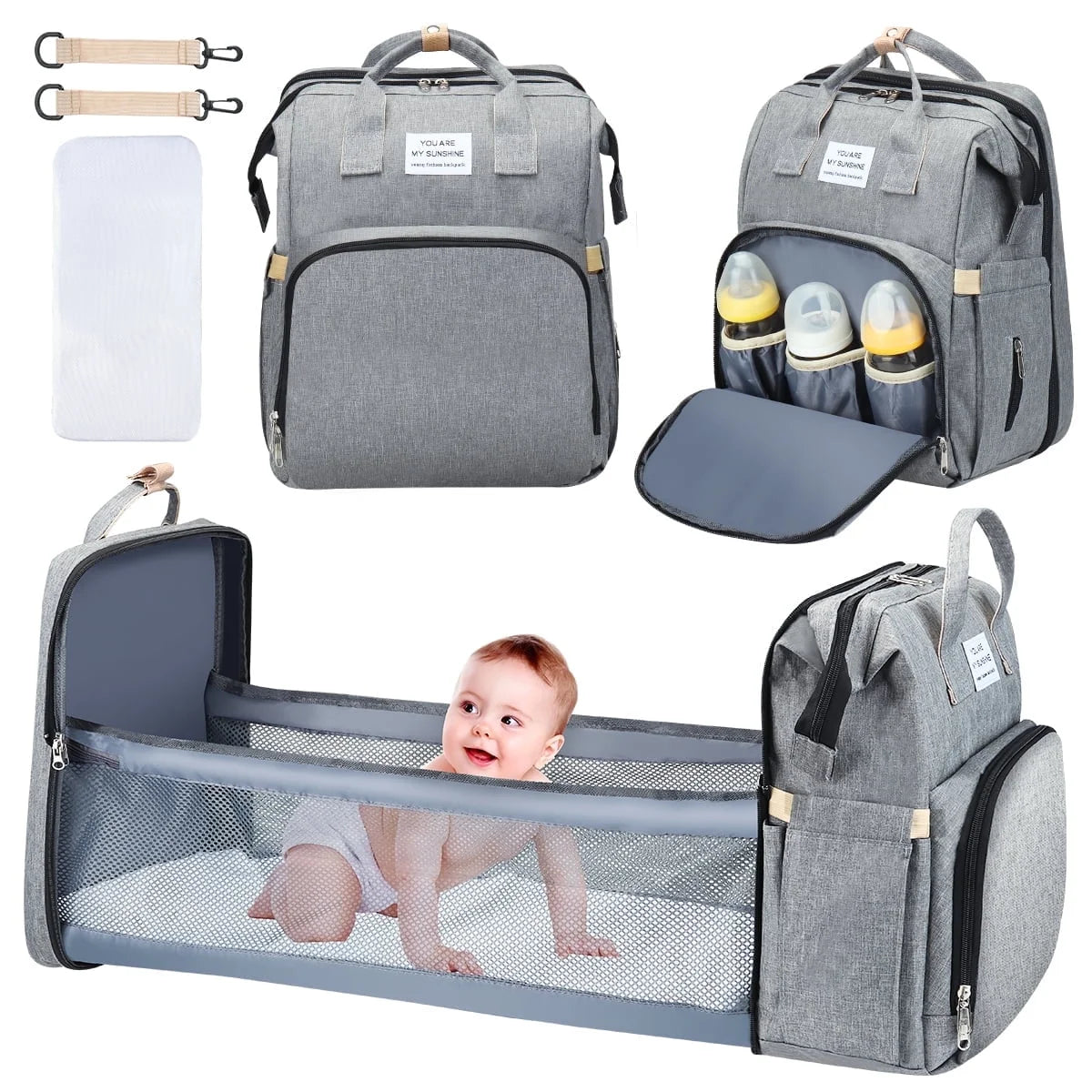 Diaper Bag Backpack, Multifunction 3 in 1 Waterproof Travel Back Pack, Baby Changing Bags with Changing Pad, Stroller Straps, Unisex, Grey