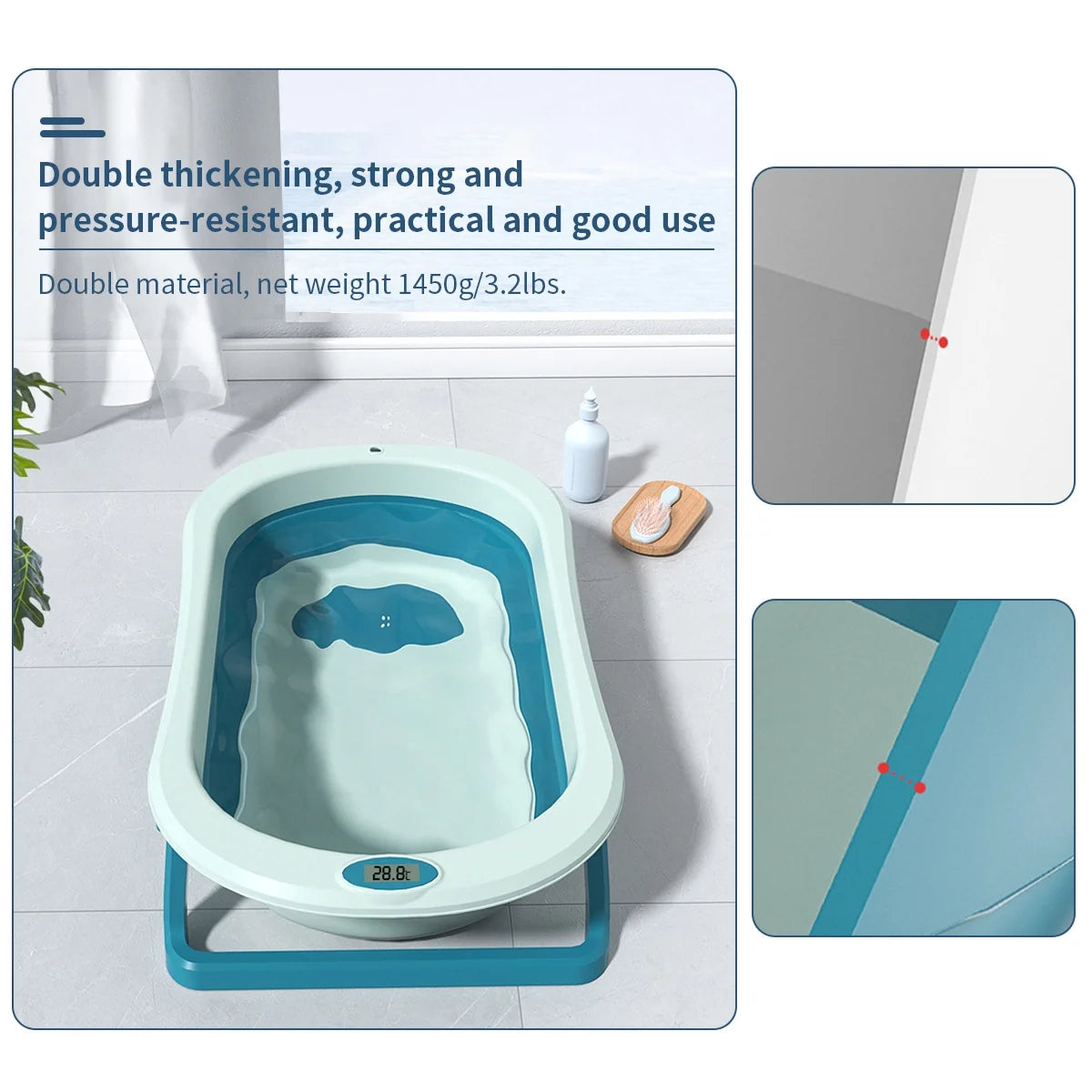 Collapsible Baby Bath Tub with Cushion & Thermometer Portable Travel Bathtub with Drain Hole Durable Newborn Bathtub for Infants to Toddler, Blue
