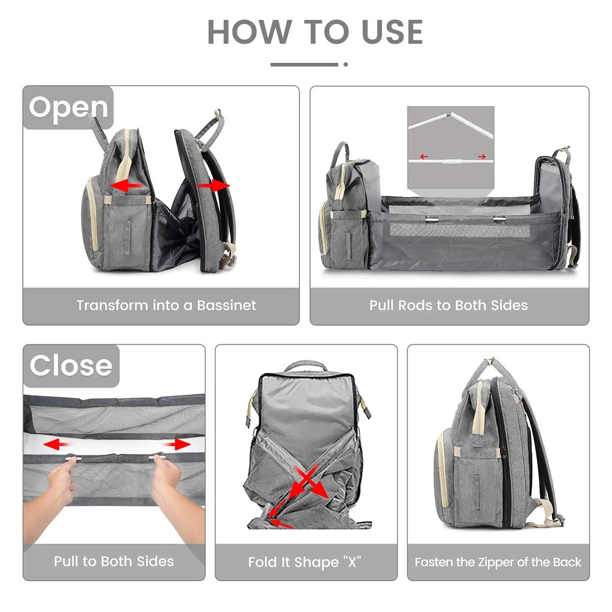 Diaper Bag Backpack, Multifunction 3 in 1 Waterproof Travel Back Pack, Baby Changing Bags with Changing Pad, Stroller Straps, Unisex, Grey