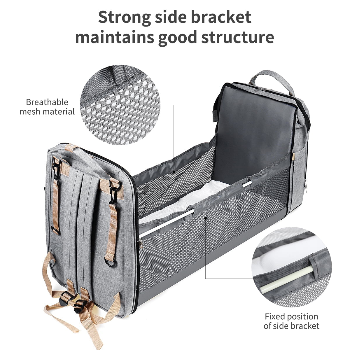 Diaper Bag Backpack, Multifunction 3 in 1 Waterproof Travel Back Pack, Baby Changing Bags with Changing Pad, Stroller Straps, Unisex, Grey