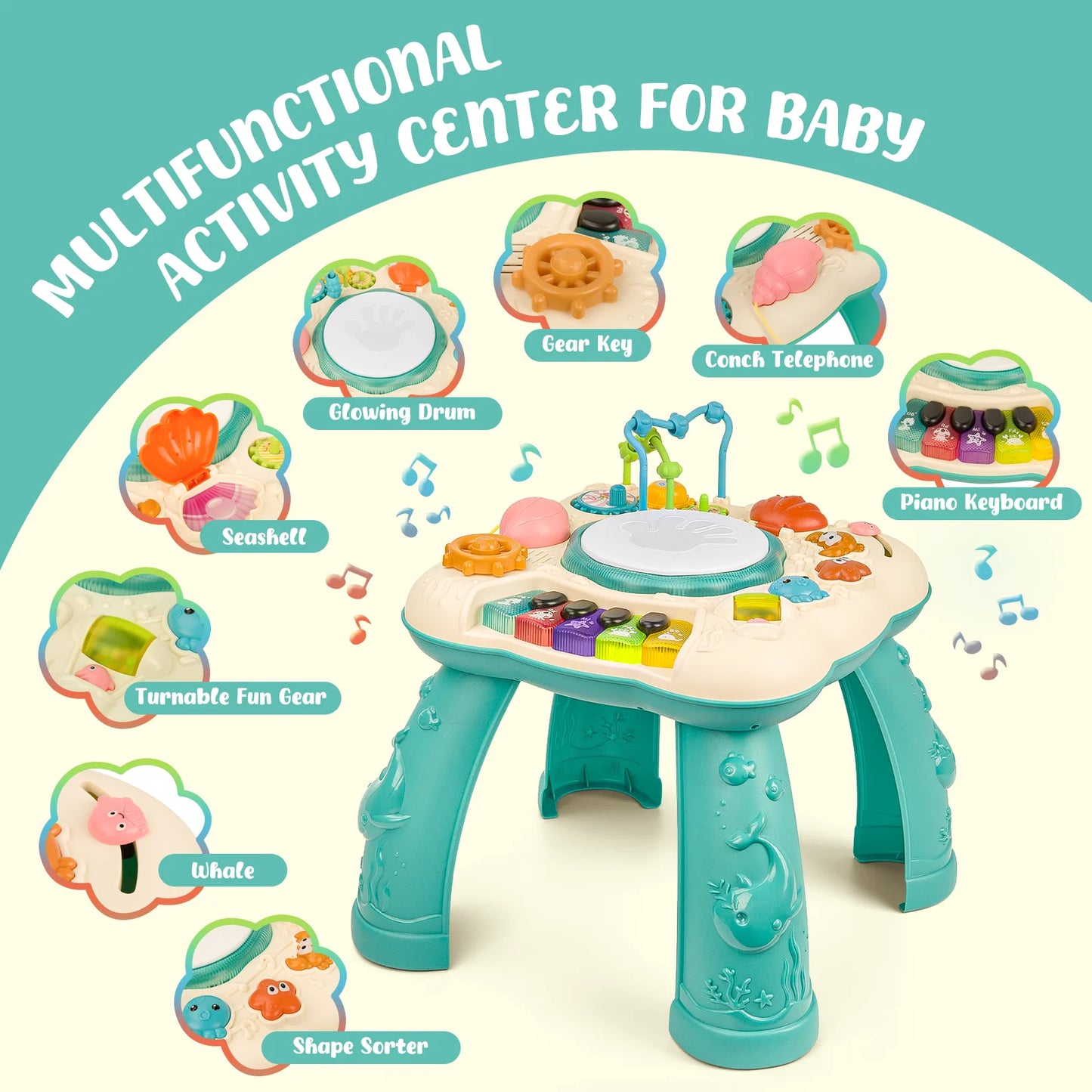 Infant Musical Learning Table, Toddler Activity Table Interactive Toys, Baby Busy Board Educational Learning Toy with Lights and Music, for 6 to 12-18 Months Boys Girls Preschool Gifts