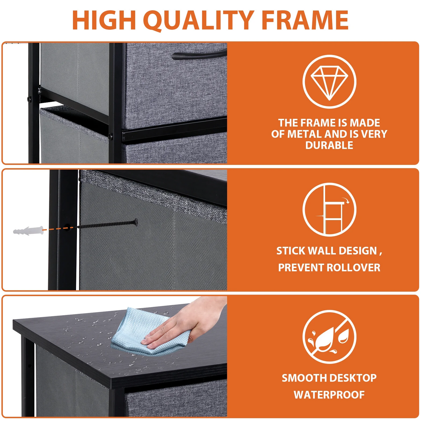 9-Drawer Dresser Steel Frame Wood Top Tall Chest Organizer, Gray
