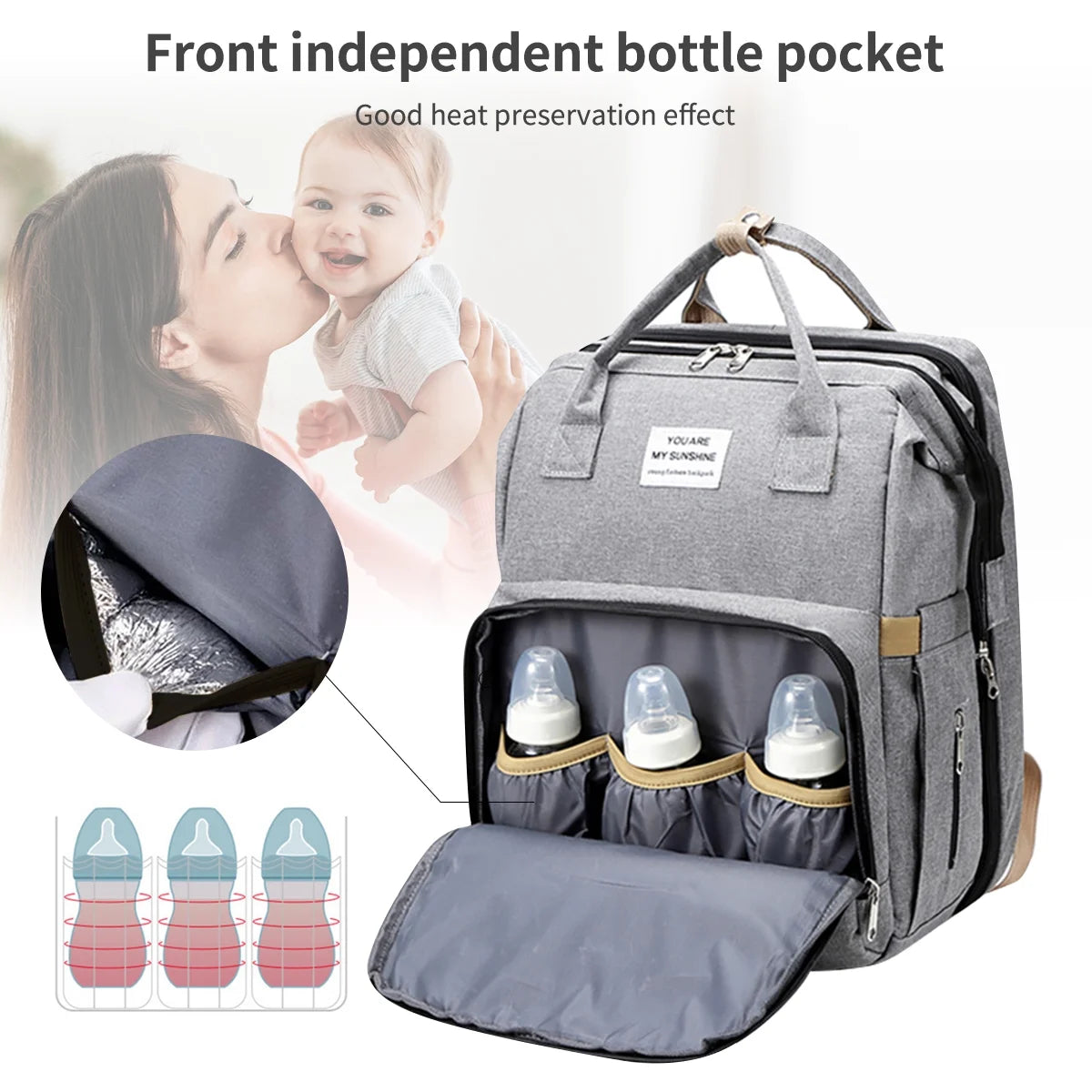 Diaper Bag Backpack, Multifunction 3 in 1 Waterproof Travel Back Pack, Baby Changing Bags with Changing Pad, Stroller Straps, Unisex, Grey
