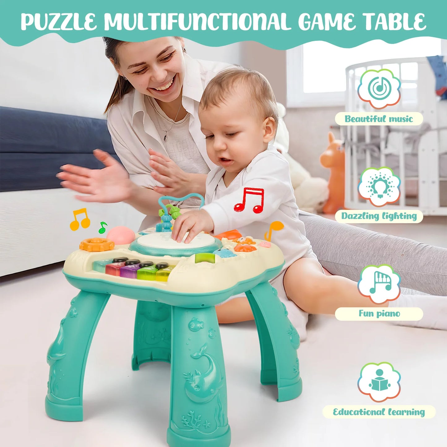 Infant Musical Learning Table, Toddler Activity Table Interactive Toys, Baby Busy Board Educational Learning Toy with Lights and Music, for 6 to 12-18 Months Boys Girls Preschool Gifts