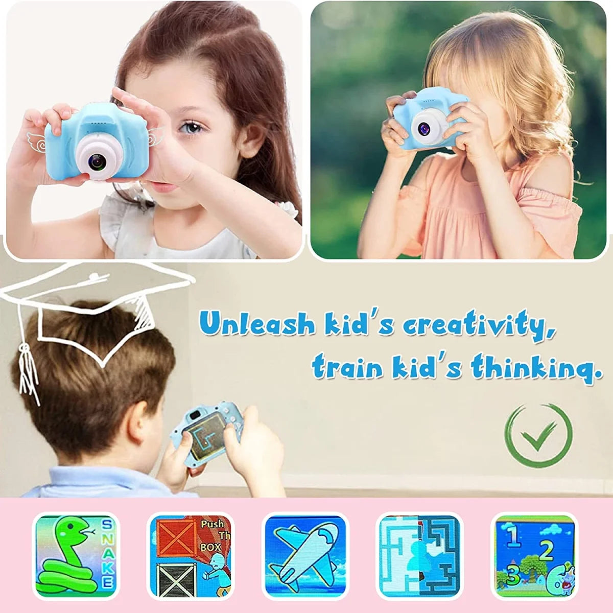 Kids Camera, Kids Dual Lens Digital Camera, Portable Selfie Video Cameras Toy for Toddlers Christmas Birthday Gifts, 1080P HD Video Recorder Player for Girls Boys Age 3-12 with 32GB SD Card