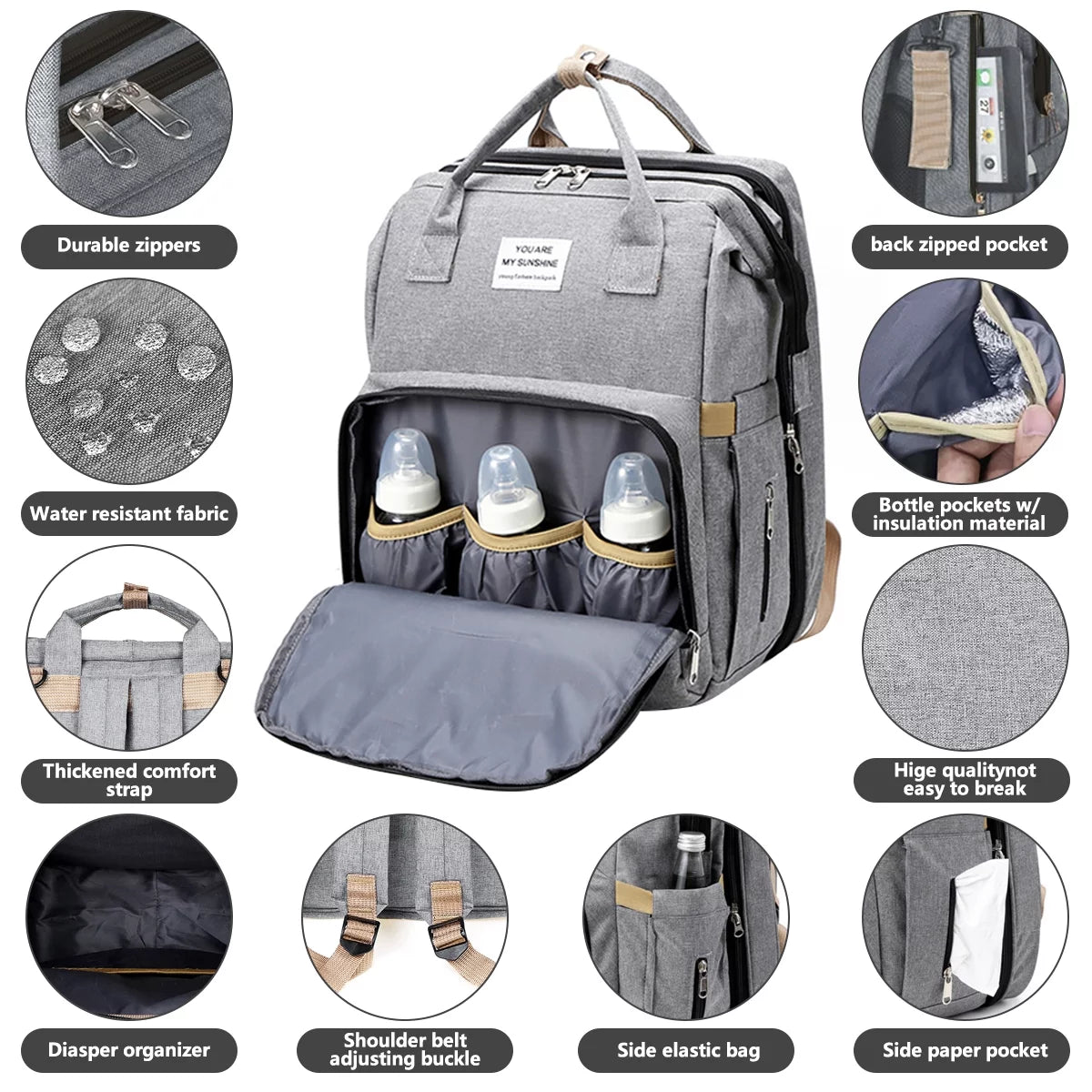 Diaper Bag Backpack, Multifunction 3 in 1 Waterproof Travel Back Pack, Baby Changing Bags with Changing Pad, Stroller Straps, Unisex, Grey