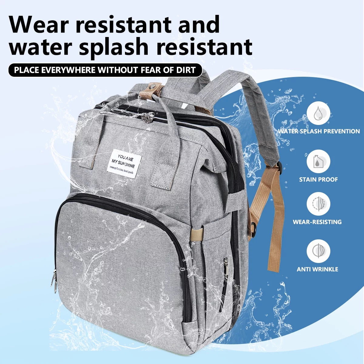 Diaper Bag Backpack, Multifunction 3 in 1 Waterproof Travel Back Pack, Baby Changing Bags with Changing Pad, Stroller Straps, Unisex, Grey