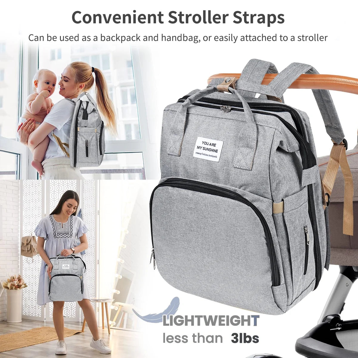 Diaper Bag Backpack, Multifunction 3 in 1 Waterproof Travel Back Pack, Baby Changing Bags with Changing Pad, Stroller Straps, Unisex, Grey