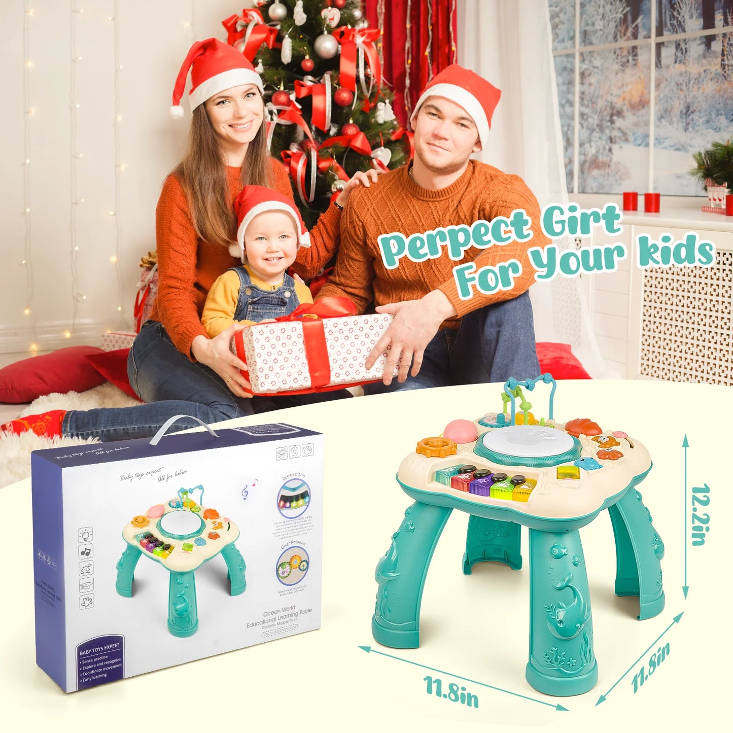Infant Musical Learning Table, Toddler Activity Table Interactive Toys, Baby Busy Board Educational Learning Toy with Lights and Music, for 6 to 12-18 Months Boys Girls Preschool Gifts