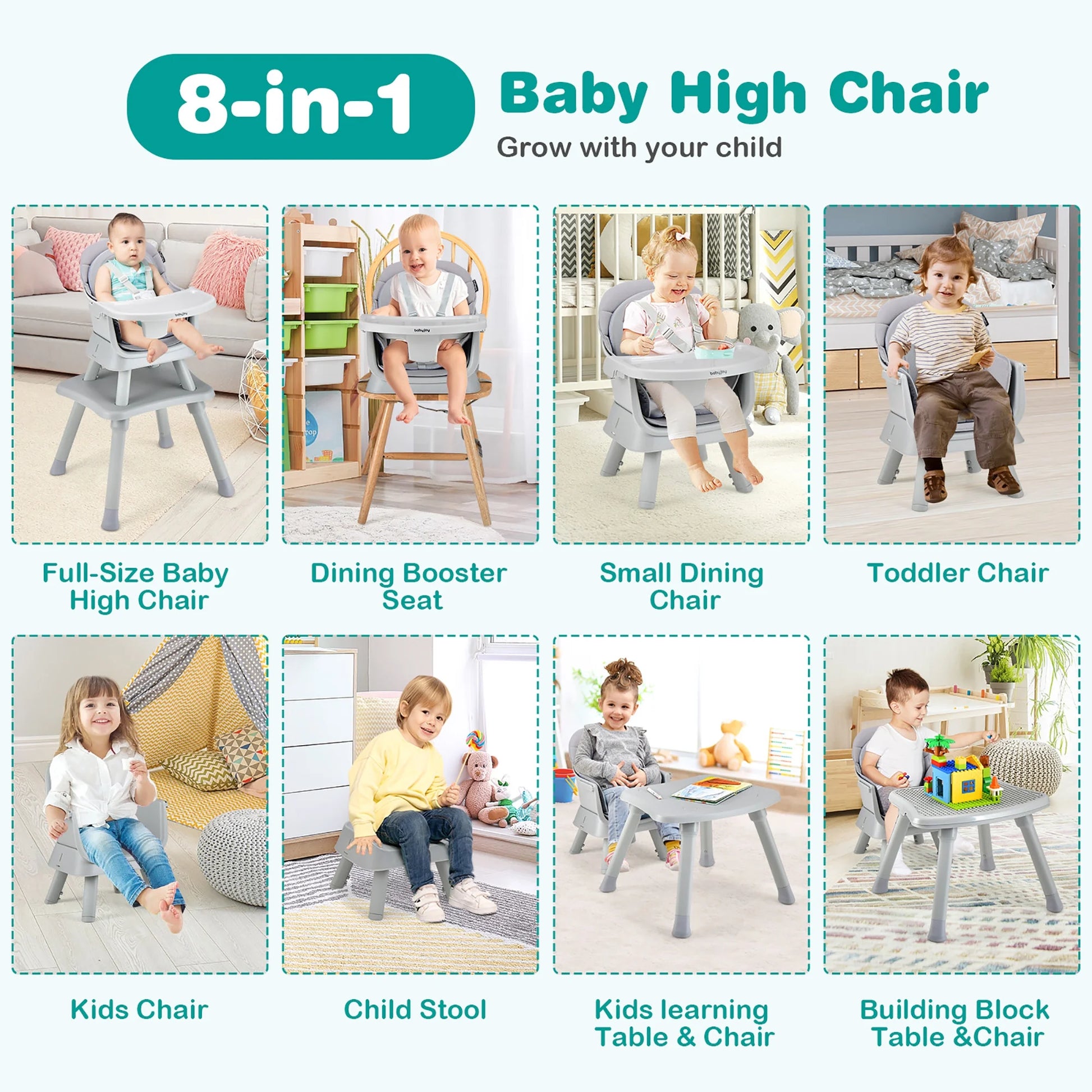 8-In-1 Baby High Chair Convertible Dining Booster Seat W/ Removable Tray Grey