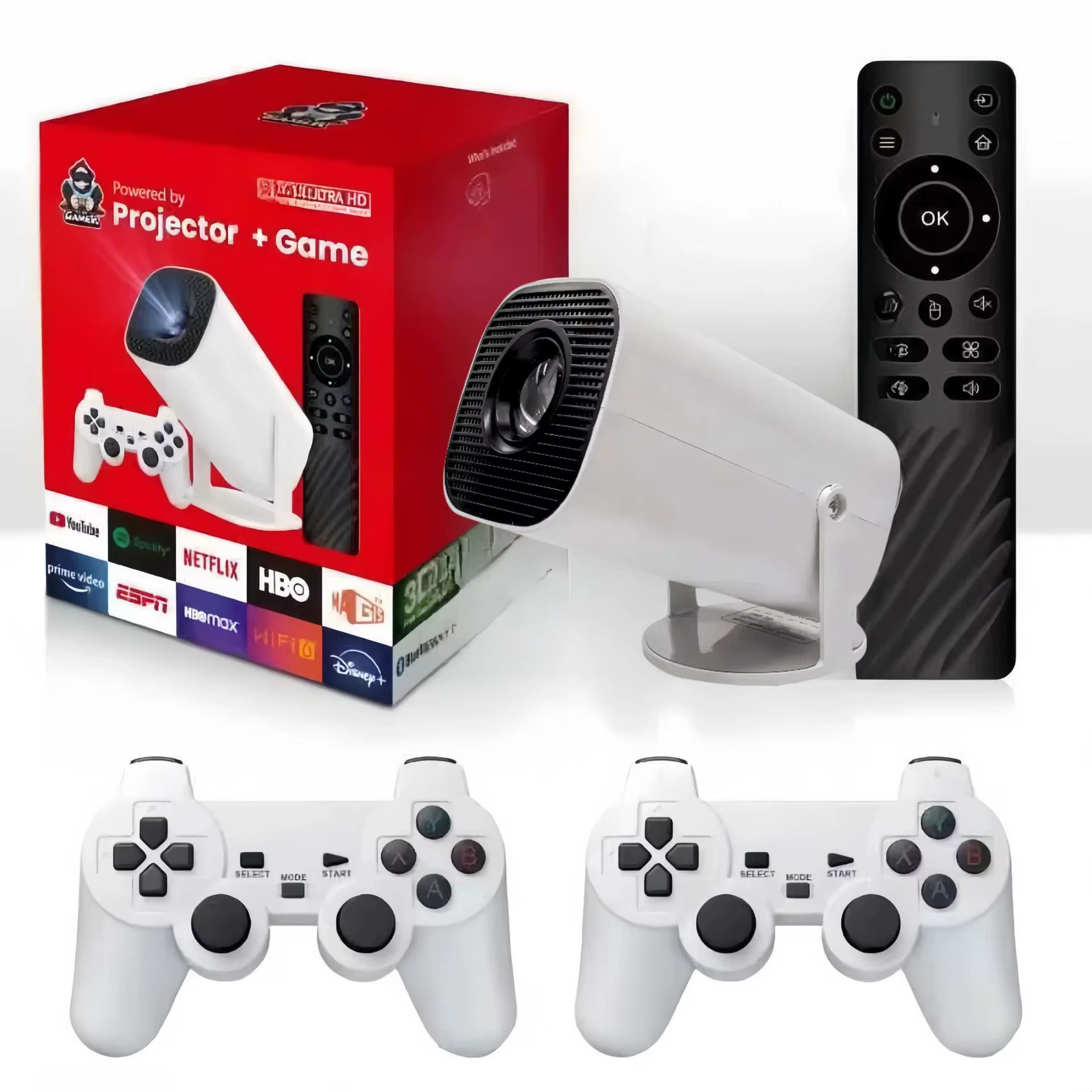 P30 Max Game Console Projector 1280*720P Android OS 11.0 with 160 ANSI Supports GBA PSP PS1 N64 NEOGEO NES SFC Simulator with TF