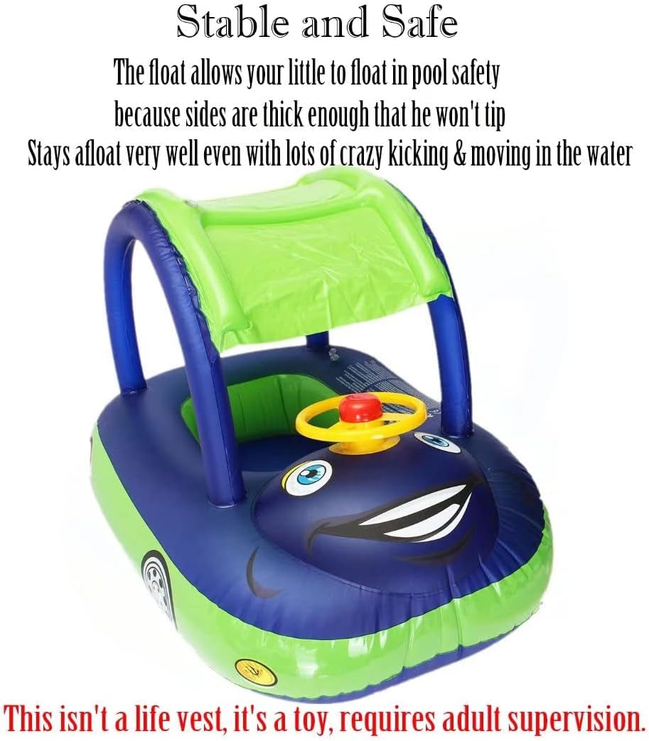 Baby Pool Float with Canopy Summer Steering Wheel Sunshade Swim Ring Car Inflatable Toys Infants Float Seat Boat for Kids Toddlers
