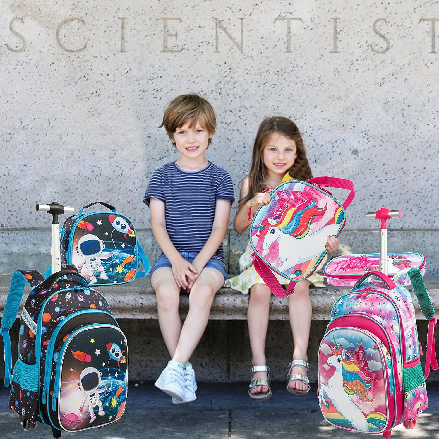 Rolling Backpacks Kids Backpack with Wheels for School Bags Luggage with Wheels Trolley Wheeled Backpacks for Boys 3PCS 16“ Astronaut Pattern Travel Bags Boys Backpack with Lunch Box Blue