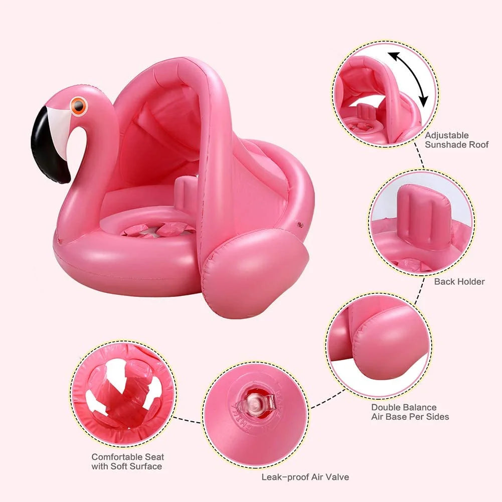 Baby Pool Float with Canopy,Flamingo Inflatable Swimming Ring,Infant Pool Floaties Swimming Pool Sunshade Toys for Baby Girls Boys Toddlers Pink