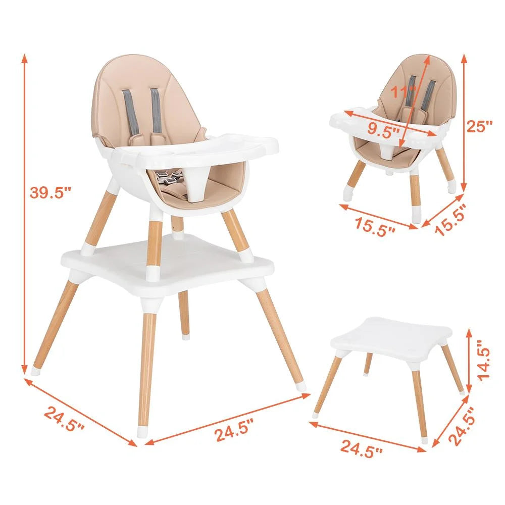 5-In-1 Baby High Chair, Infant Wooden Convertible Chair with Seat Belt, Beige