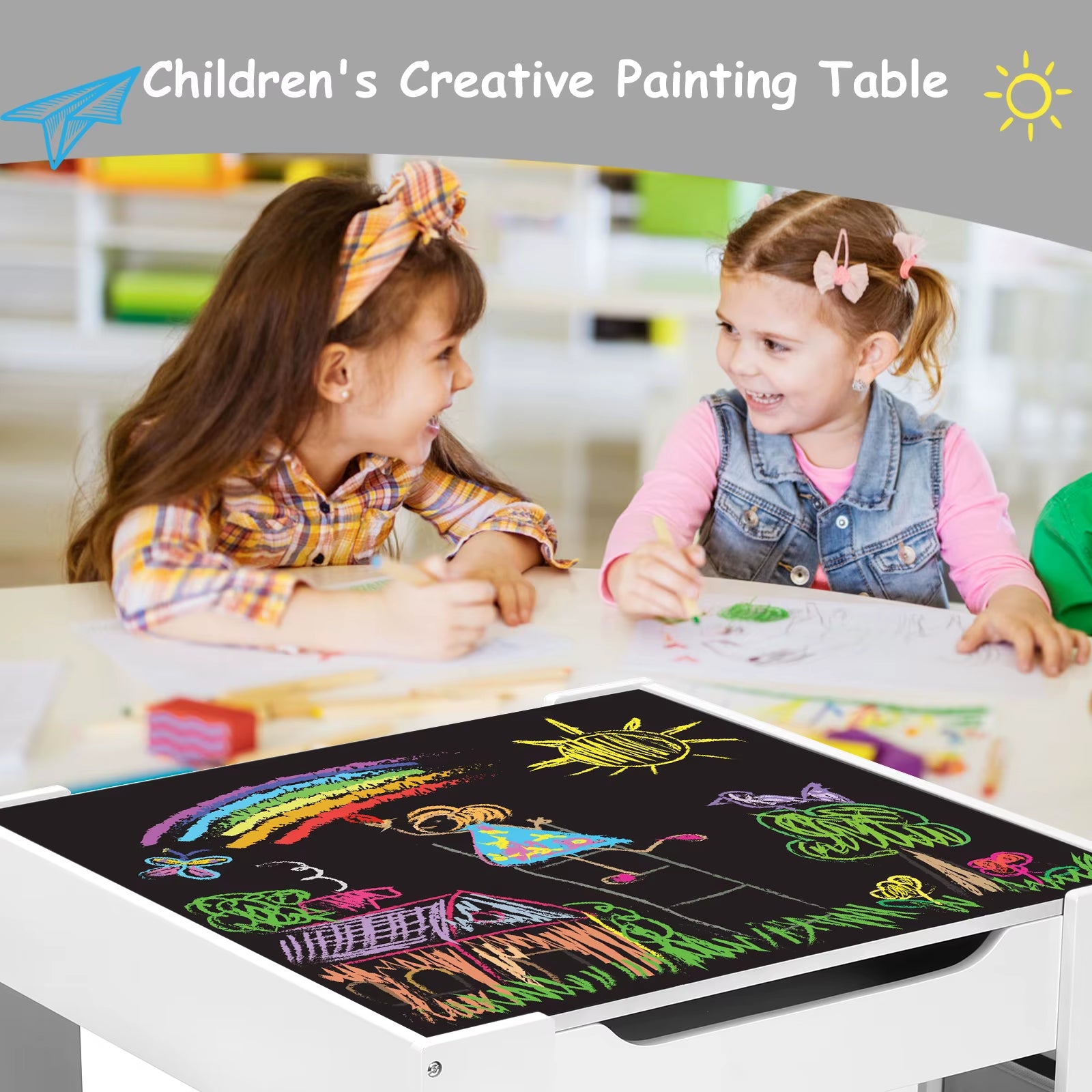 AOOU Kids Table and 2 Chairs Set, 3-In-1 Wooden Activity Table, W/Detachable Storage Drawer, Drawing Reading Black Board Desk