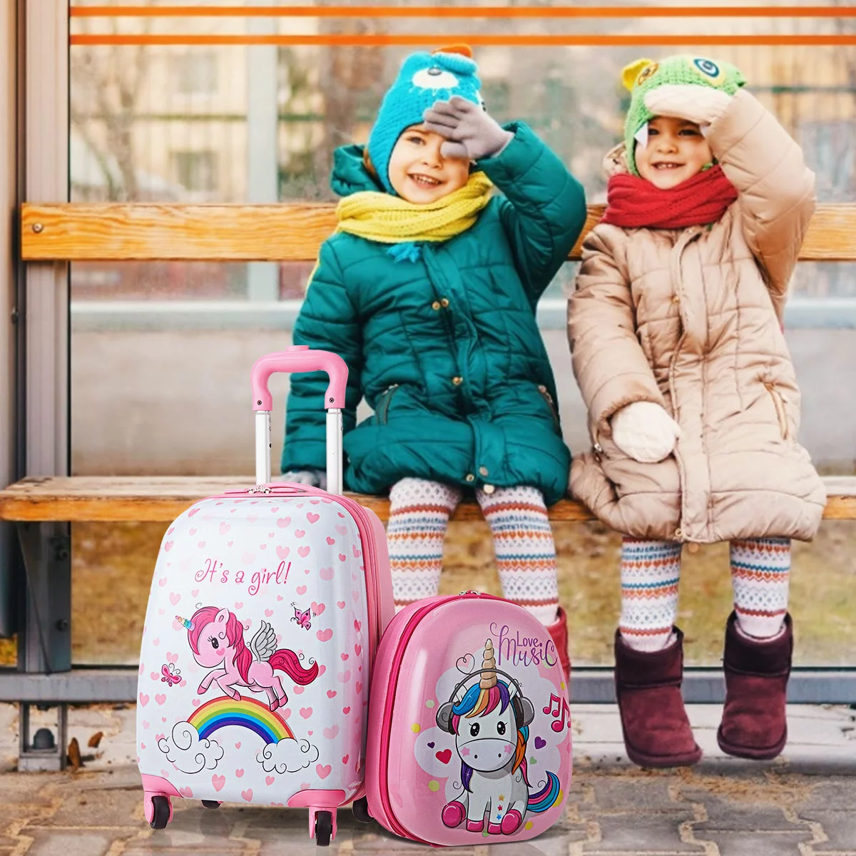 2PC Kids Luggage Set 12'' Backpack & 16'' Rolling Suitcase for School Travel ABS