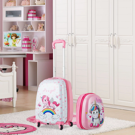 2PC Kids Luggage Set 12'' Backpack & 16'' Rolling Suitcase for School Travel ABS
