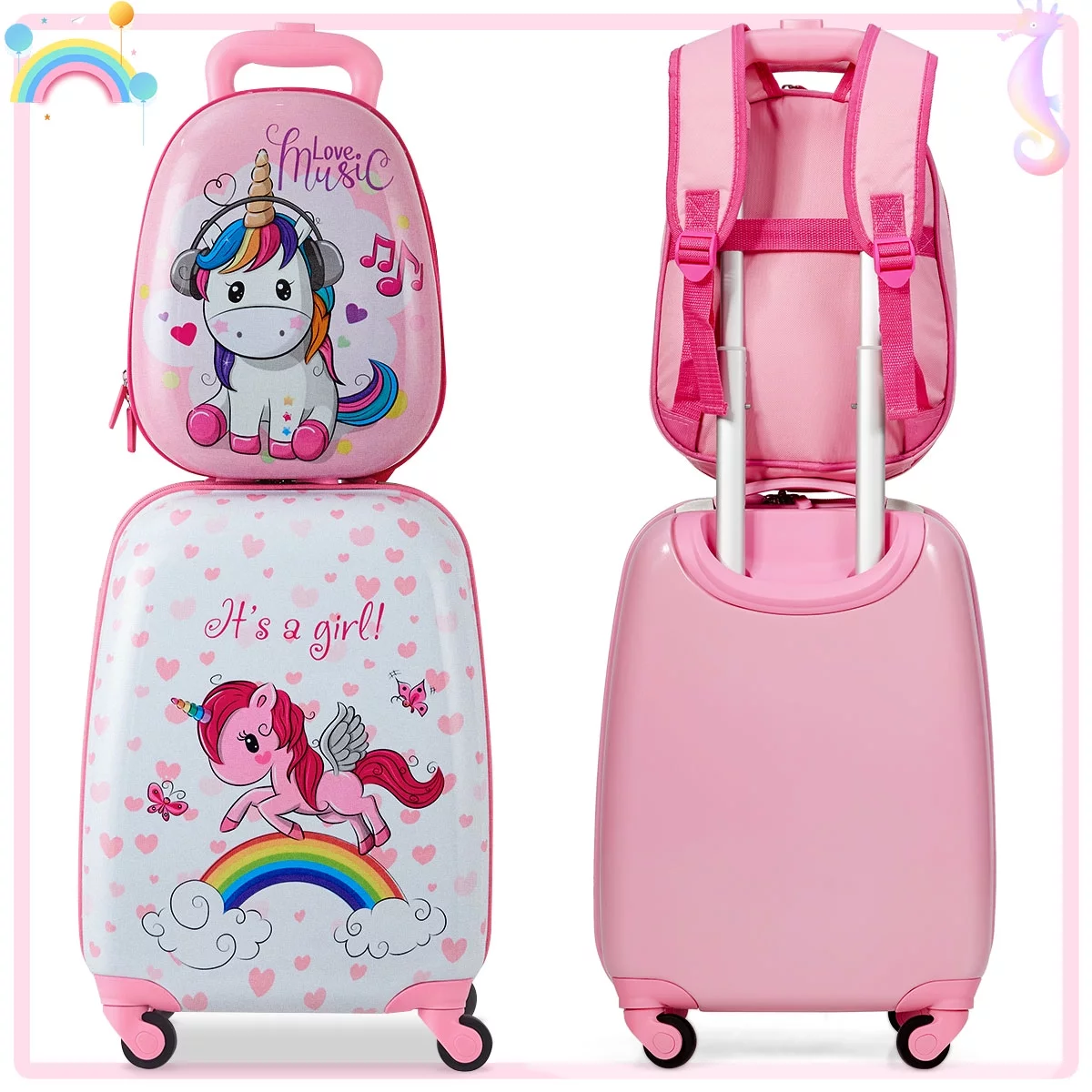 2PC Kids Luggage Set 12'' Backpack & 16'' Rolling Suitcase for School Travel ABS