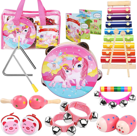 Music Toys & Toddler Learning Toy 12-Piece Wooden Musical Instrument Set for Toddlers 3+