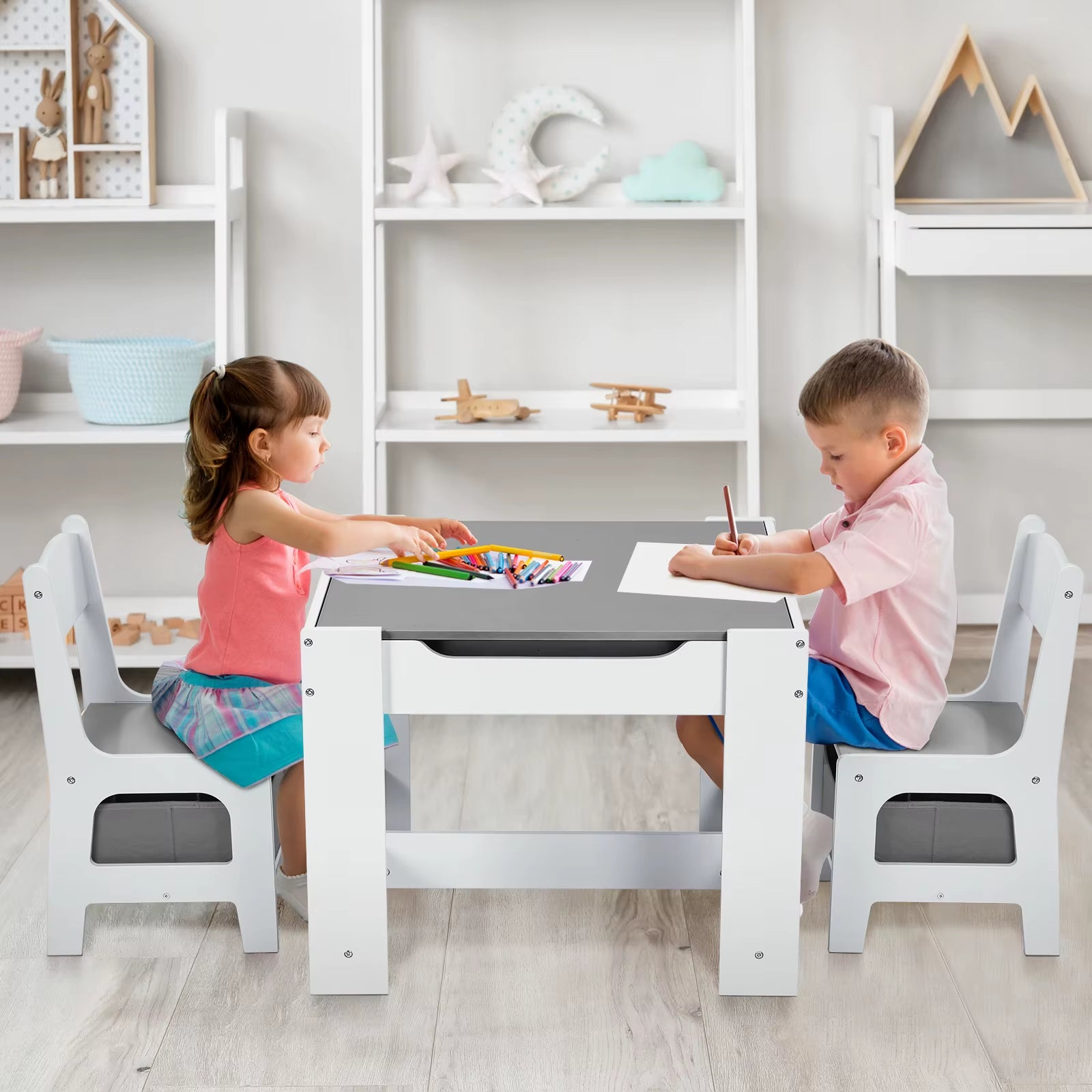 AOOU Kids Table and 2 Chairs Set, 3-In-1 Wooden Activity Table, W/Detachable Storage Drawer, Drawing Reading Black Board Desk