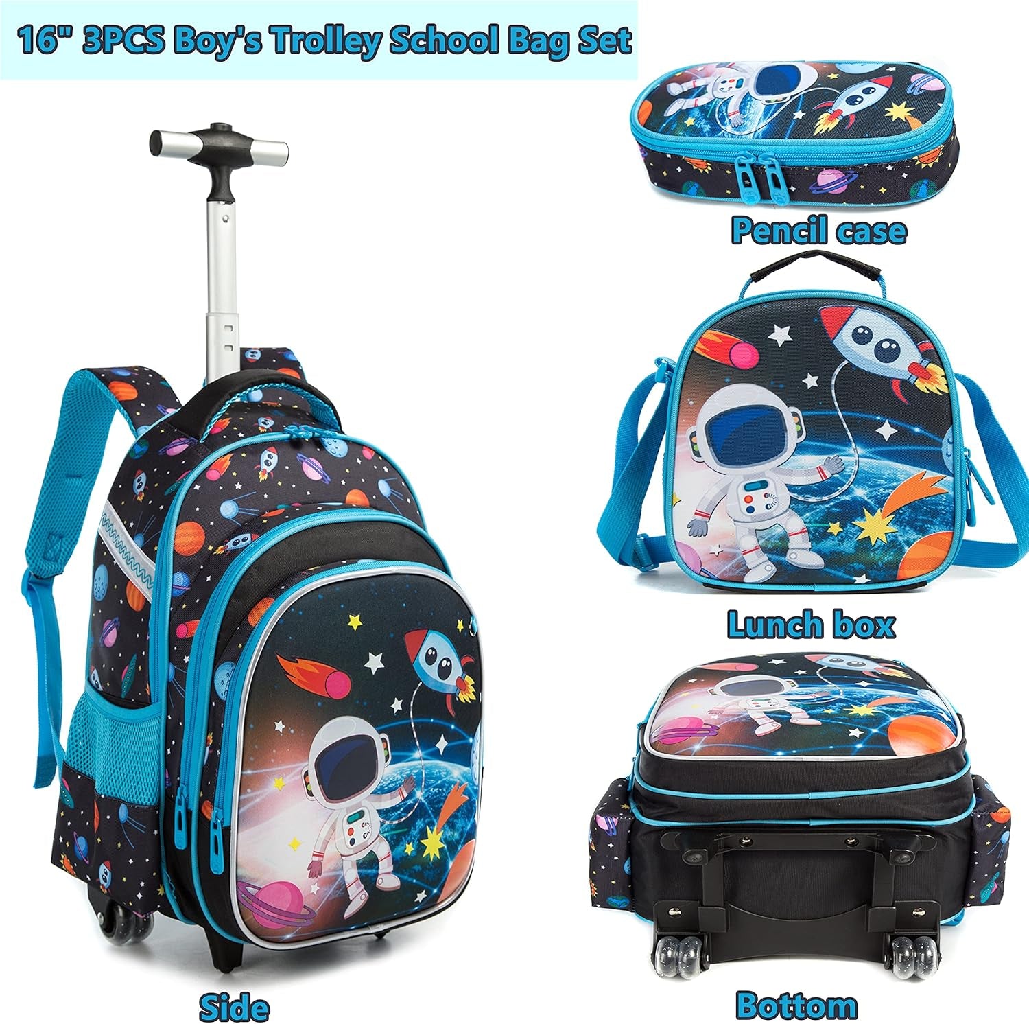 Rolling Backpacks Kids Backpack with Wheels for School Bags Luggage with Wheels Trolley Wheeled Backpacks for Boys 3PCS 16“ Astronaut Pattern Travel Bags Boys Backpack with Lunch Box Blue