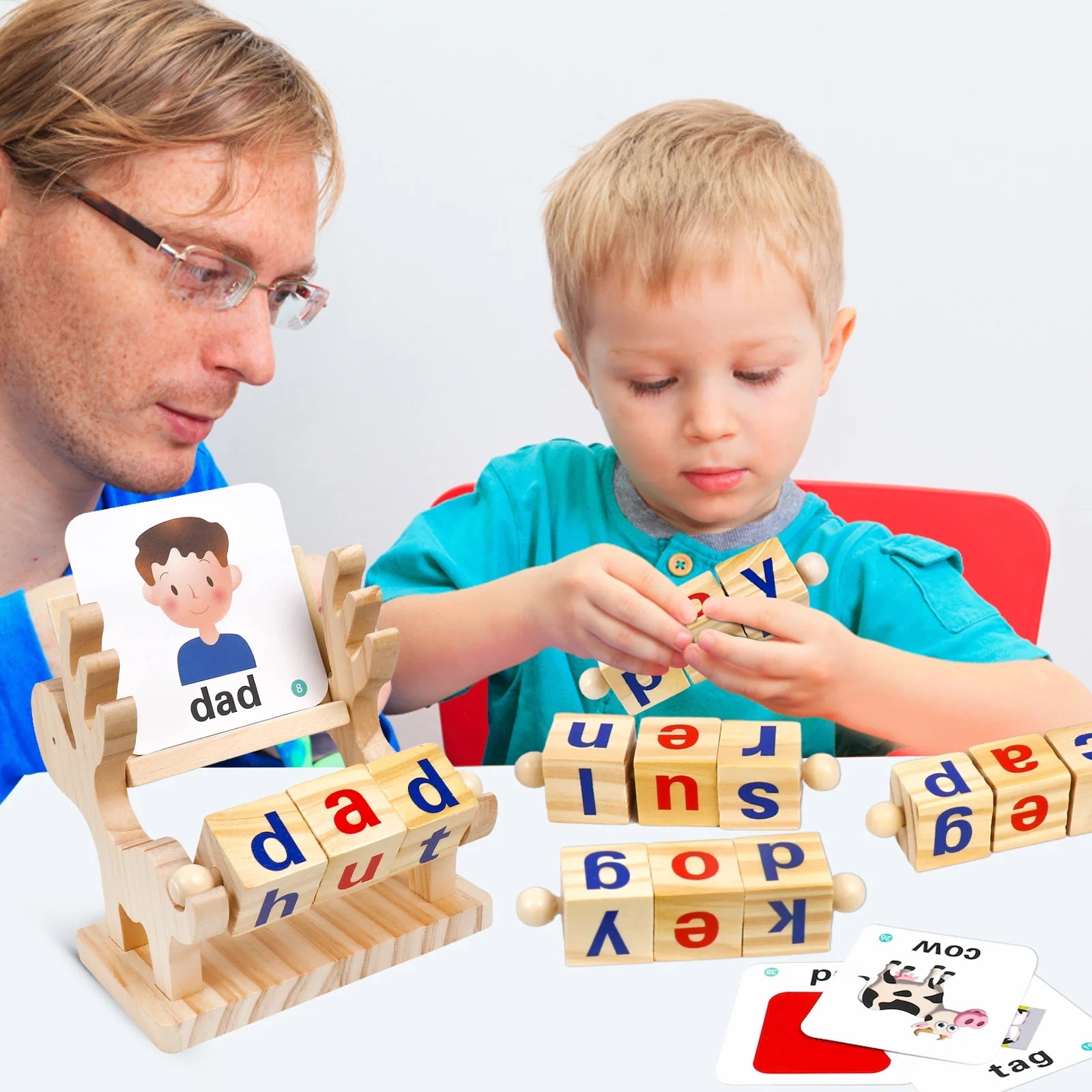 Wooden Reading Blocks Sight Words Montessori Short Vowel Rods Alphabet ABC Learning Toy