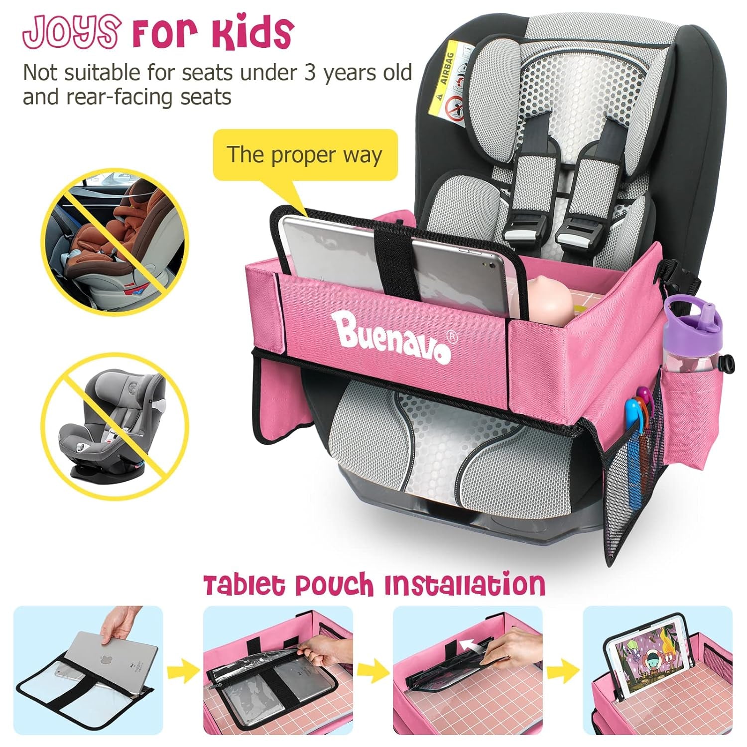 [New Version] Car Seat Organizer Kids Travel Tray for Kids Toddlers Activities in Car Seat, Stroller, Airplane | Waterproof Dry Erase Top | Side Pocket & Water Bottle Holder