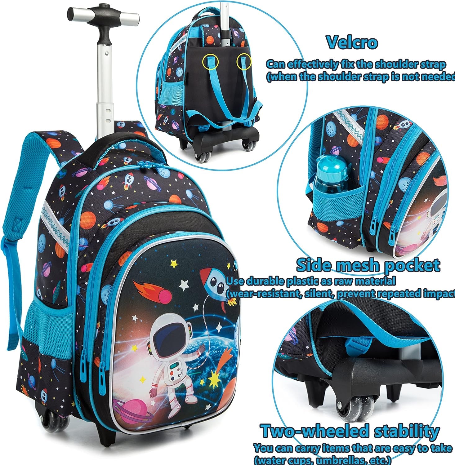 Rolling Backpacks Kids Backpack with Wheels for School Bags Luggage with Wheels Trolley Wheeled Backpacks for Boys 3PCS 16“ Astronaut Pattern Travel Bags Boys Backpack with Lunch Box Blue