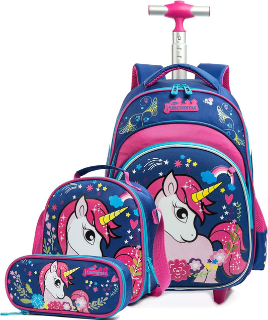 Girls Unicorn Rolling Backpacks Kids Backpack with Wheels for Girls School Bags with Lunch Box