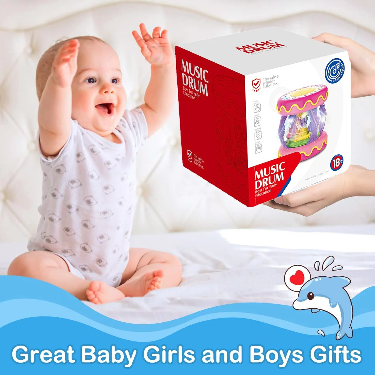 Toys for 1 Year Old Girls, Baby Toys 6-12 Months, Rotating Light up Musical Drum Toys Gift for Toddler 1 Year Old