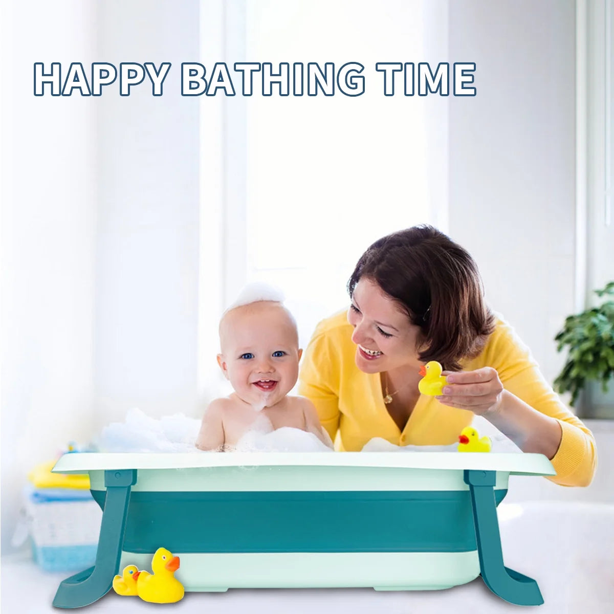 Collapsible Baby Bath Tub with Cushion & Thermometer Portable Travel Bathtub with Drain Hole Durable Newborn Bathtub for Infants to Toddler, Blue
