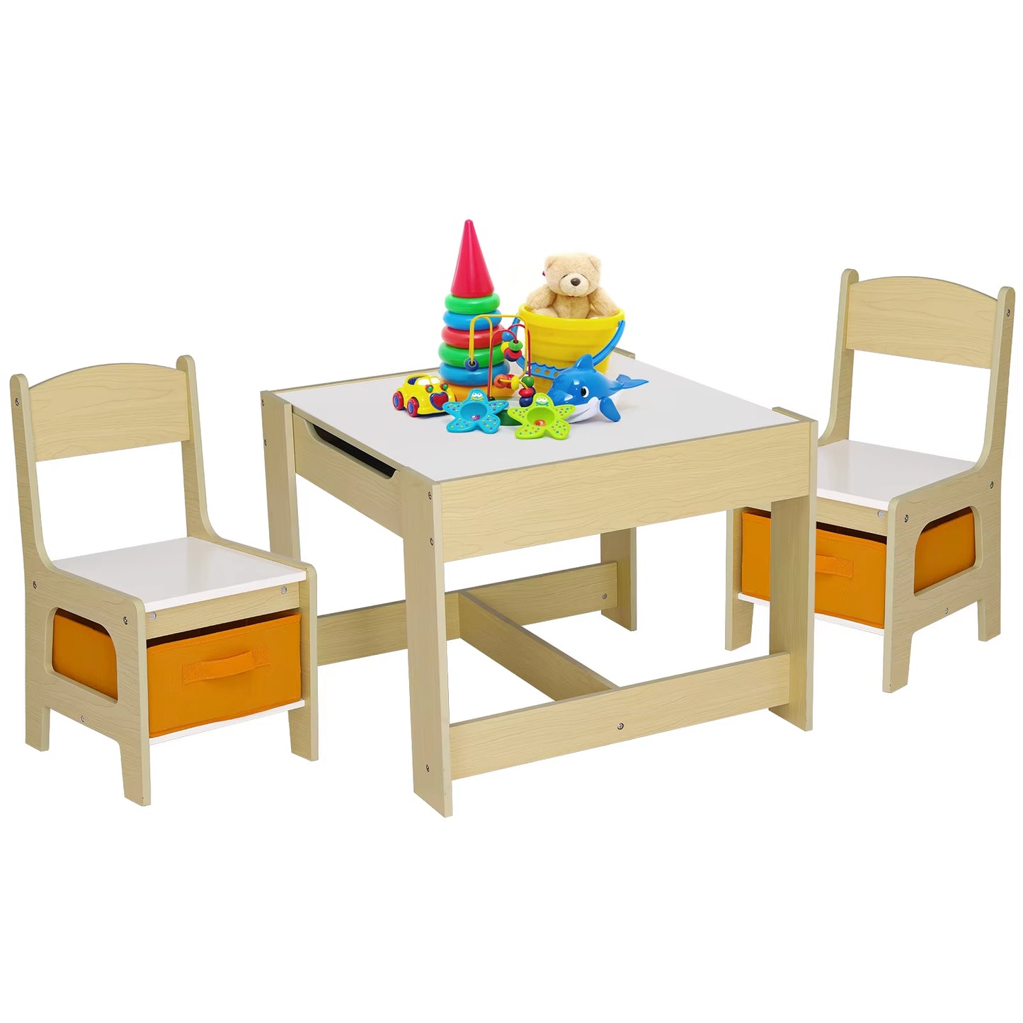 AOOU Kids Table and 2 Chairs Set, 3-In-1 Wooden Activity Table, W/Detachable Storage Drawer, Drawing Reading Black Board Desk
