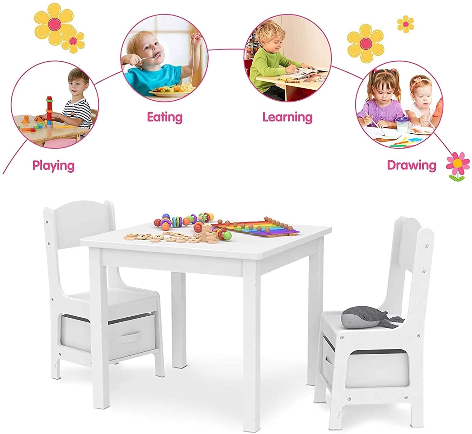 AOOU Kids Table and 2 Chairs Set, 3-In-1 Wooden Activity Table, W/Detachable Storage Drawer, Drawing Reading Black Board Desk