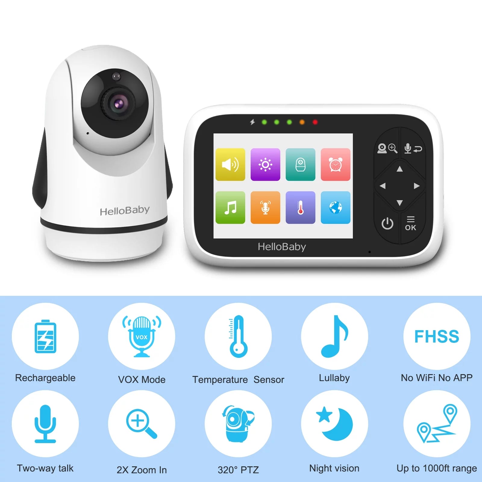 HB6336 Baby Monitor – 3.2" Display, Camera & Audio, Remote Pan Zoom, Night Vision, 1000 Ft Range