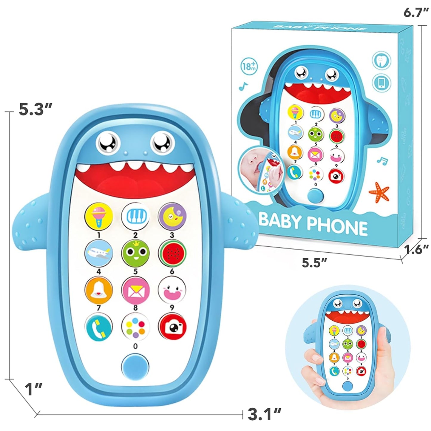 Baby Shark Cell Phone Toy Removable Teether Case, Light, Music & Adjustable Volume Kids Play & Learn Fake Phone Infant Toddler, Preschool Holiday Birthday Present for Girl Boy 0-6, 6-18 Months (Blue)