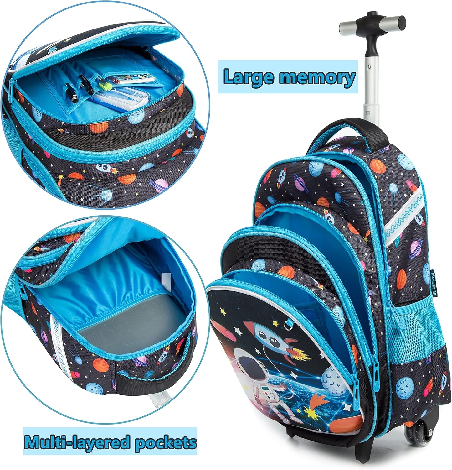 Rolling Backpacks Kids Backpack with Wheels for School Bags Luggage with Wheels Trolley Wheeled Backpacks for Boys 3PCS 16“ Astronaut Pattern Travel Bags Boys Backpack with Lunch Box Blue