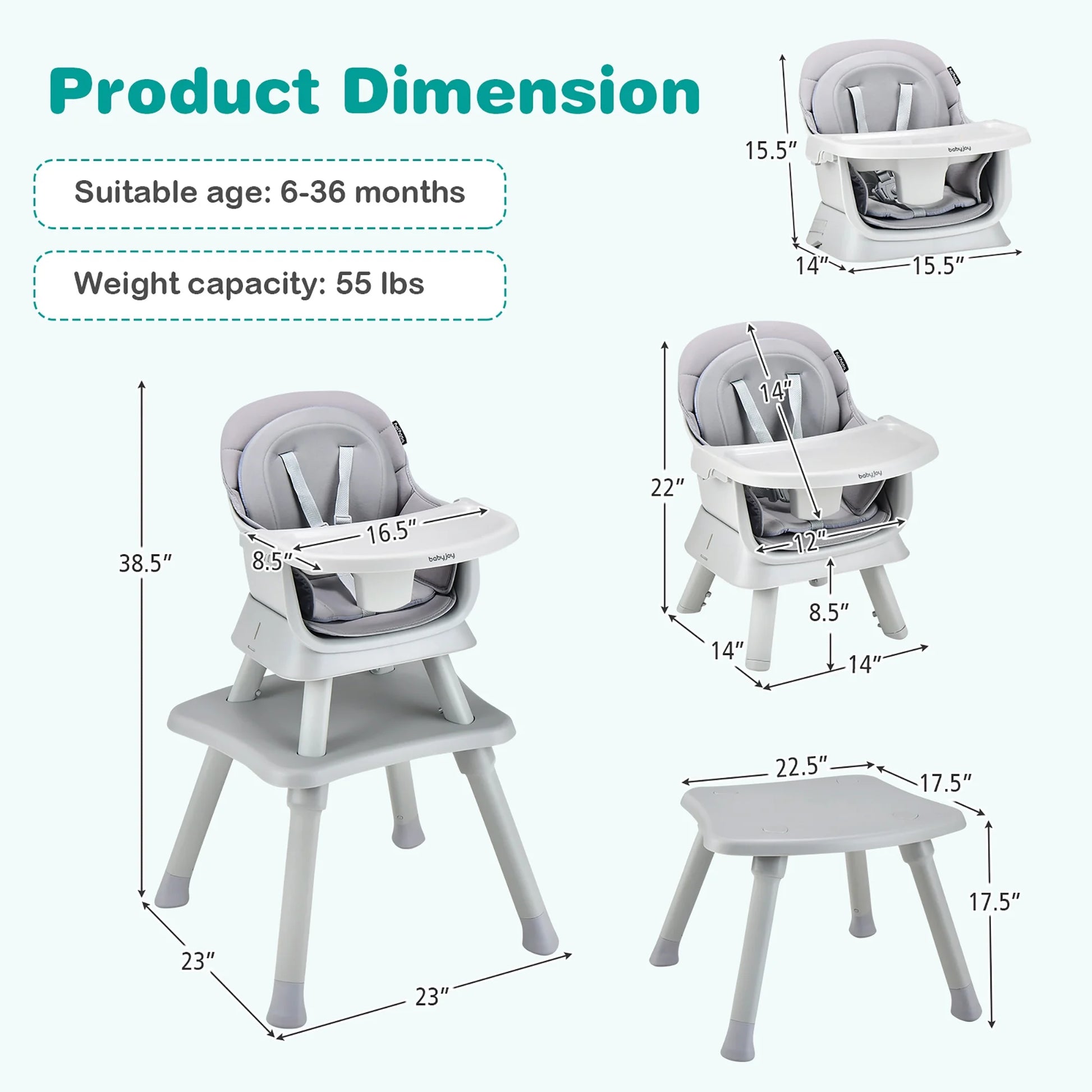 8-In-1 Baby High Chair Convertible Dining Booster Seat W/ Removable Tray Grey