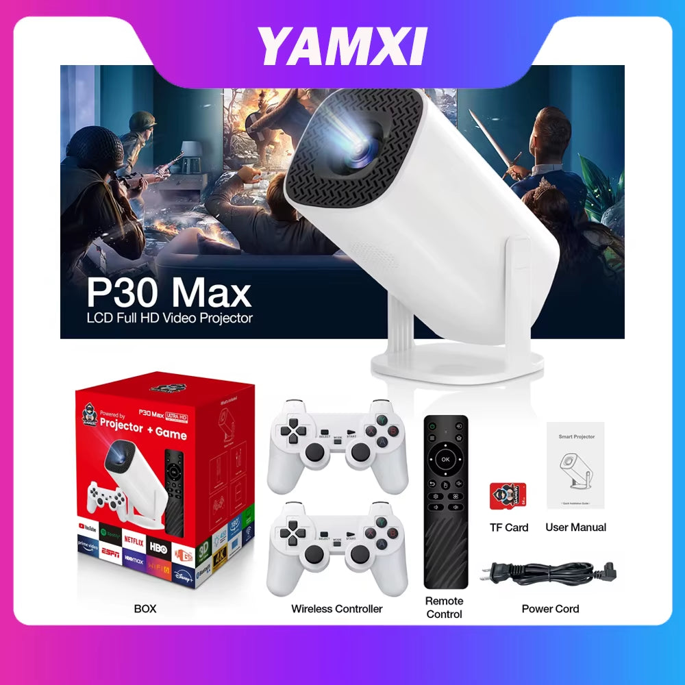 P30 Max Game Console Projector 1280*720P Android OS 11.0 with 160 ANSI Supports GBA PSP PS1 N64 NEOGEO NES SFC Simulator with TF