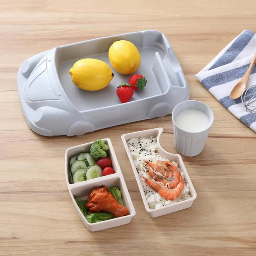 1Set Creative Cartoon Car Shape Baby Plate, Bamboo Fiber PP Plate Bowl Cup, Children Gift Tableware, Kid Feeding Dinner Plate