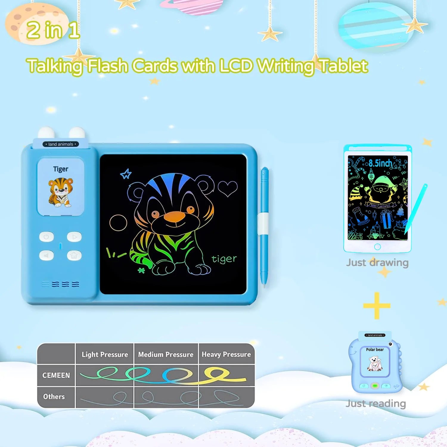 Talking Flash Cards LCD Writing Tablet Montessori Toys for Toddlers, Kids Toys Writing Board Reading Machine Educational Preschool Learning Toys for Boys Girls, Blue