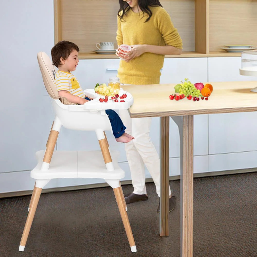 5-In-1 Baby High Chair, Infant Wooden Convertible Chair with Seat Belt, Beige