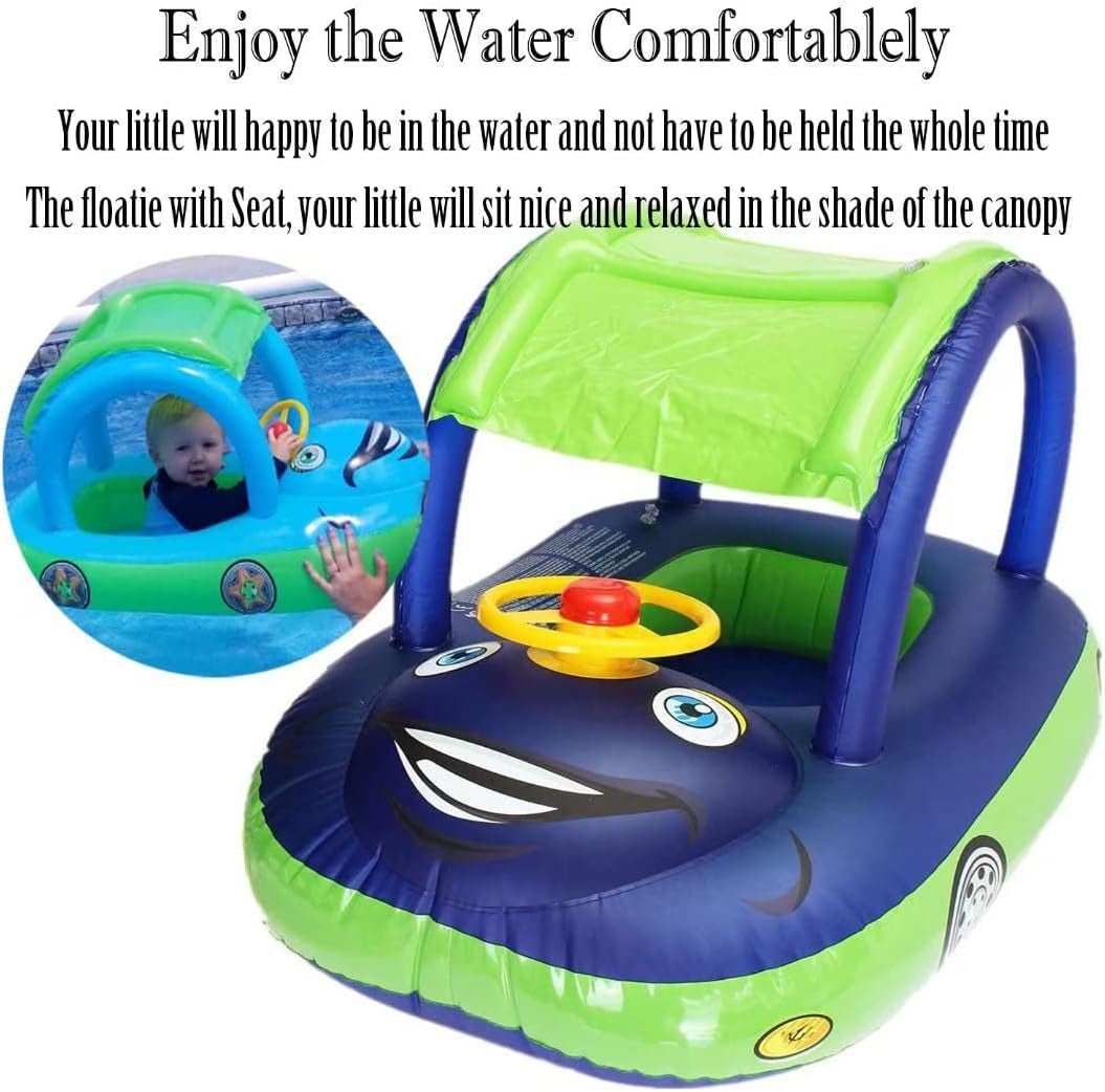 Baby Pool Float with Canopy Summer Steering Wheel Sunshade Swim Ring Car Inflatable Toys Infants Float Seat Boat for Kids Toddlers