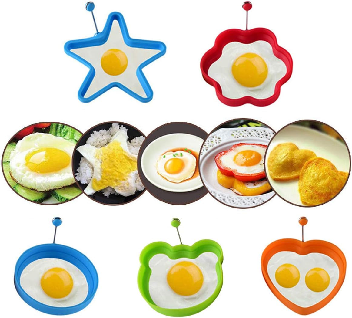 Egg Ring- Fried Egg Mold, 5Pcs Different Shapes Stainless Steel Egg Poacher, Non Stick Pancake Shaper Mold with Handles (Silicone)