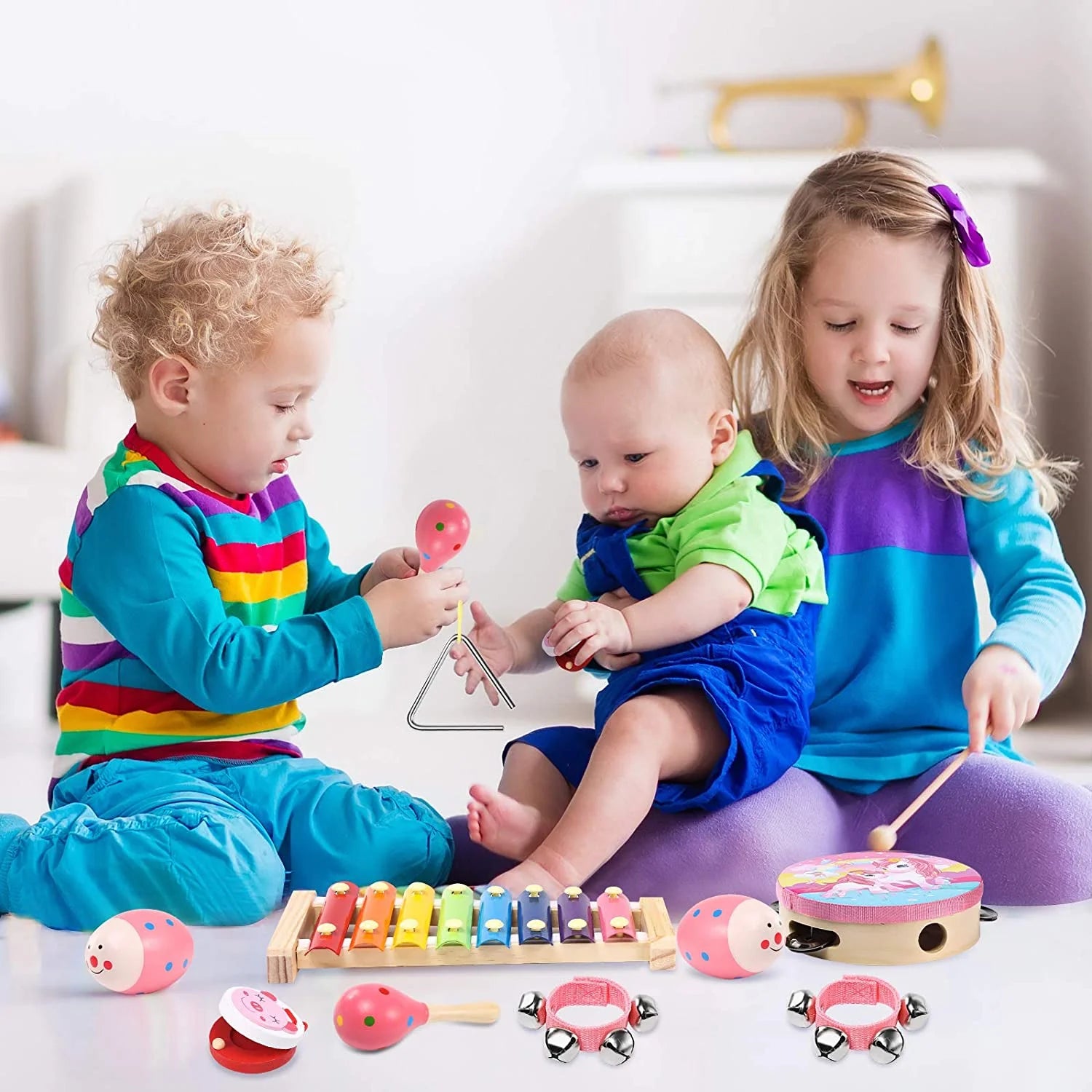 Music Toys & Toddler Learning Toy 12-Piece Wooden Musical Instrument Set for Toddlers 3+