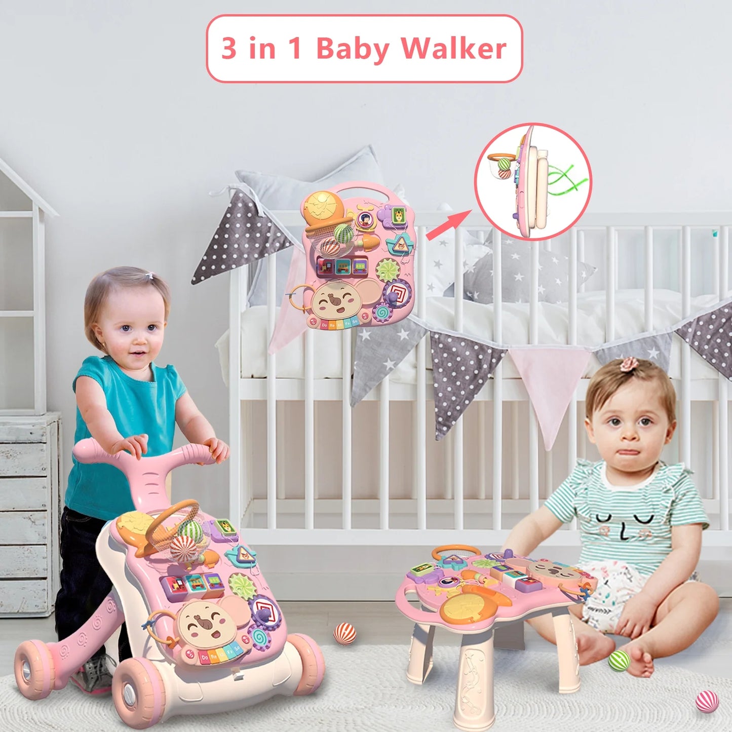 Walker for Baby Girl, Baby Push Walkers for Babies, 3 in 1 Push Toys, Baby Walker Table and Activity Center, Early Learning Toy for Kids Infant 6-12 Months, Pink for Babies Learning to Walk