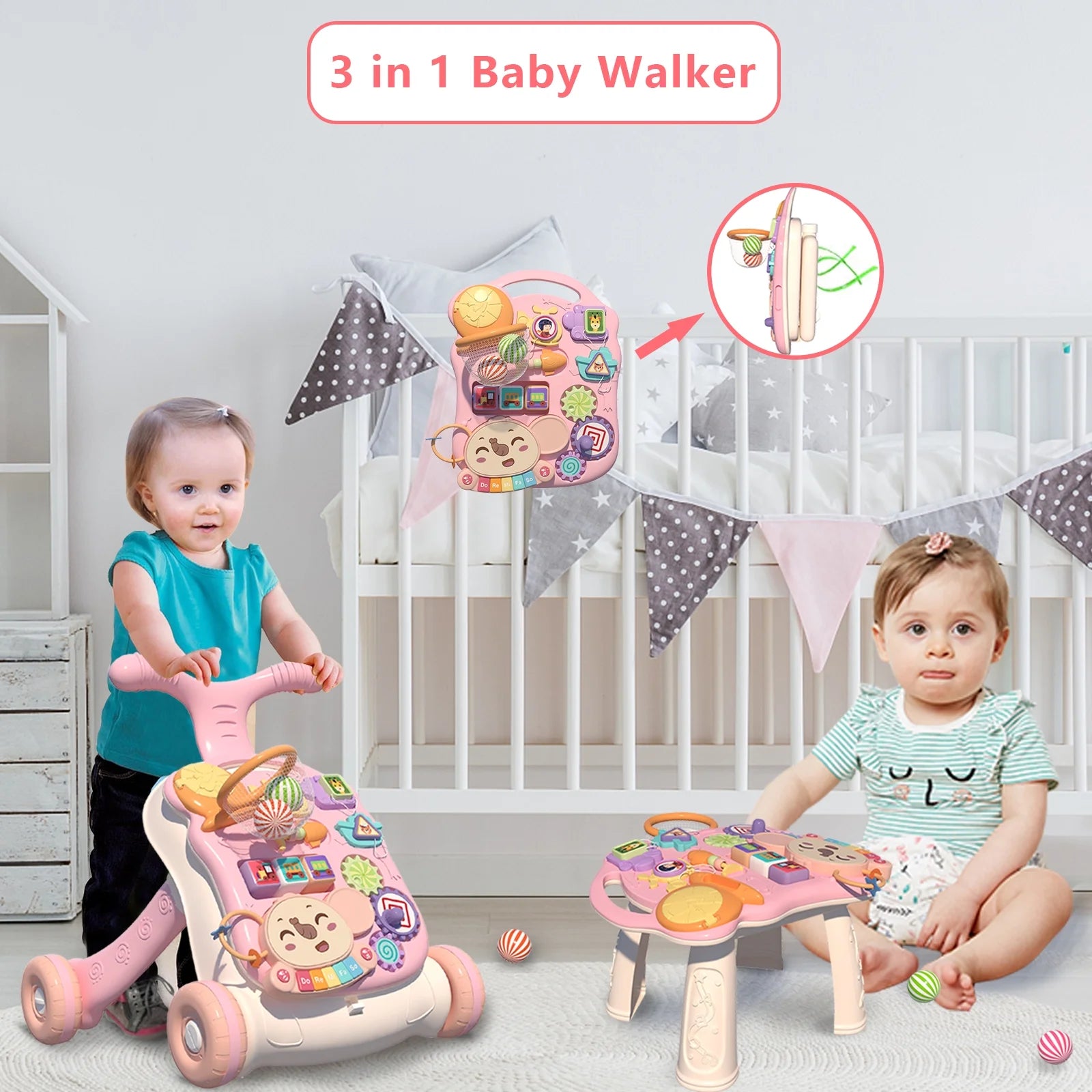 Walker for Baby Girl, Baby Push Walkers for Babies, 3 in 1 Push Toys, Baby Walker Table and Activity Center, Early Learning Toy for Kids Infant 6-12 Months, Pink for Babies Learning to Walk